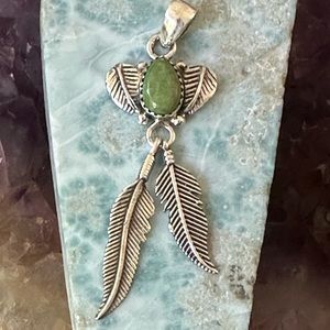 Serpentine Southwestern sterling silver feather pendant